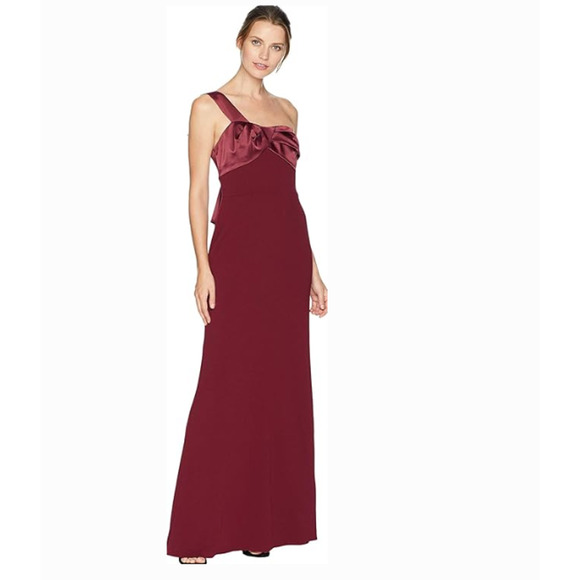 Adrianna Papell Womens Bow-Embellished One-Shoulder Gown Burgundy Size 12 12365 - Picture 1 of 3